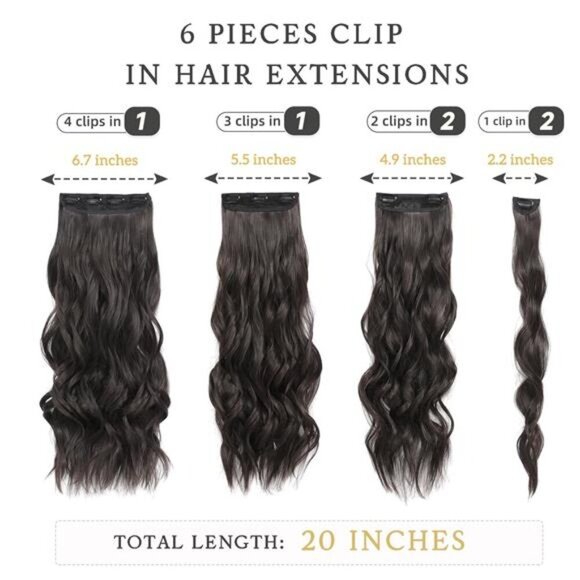 Clip in Long Wavy Synthetic Hair Extension 20 Inch Dark Brown 6PCS Thick - Picture 2 of 7